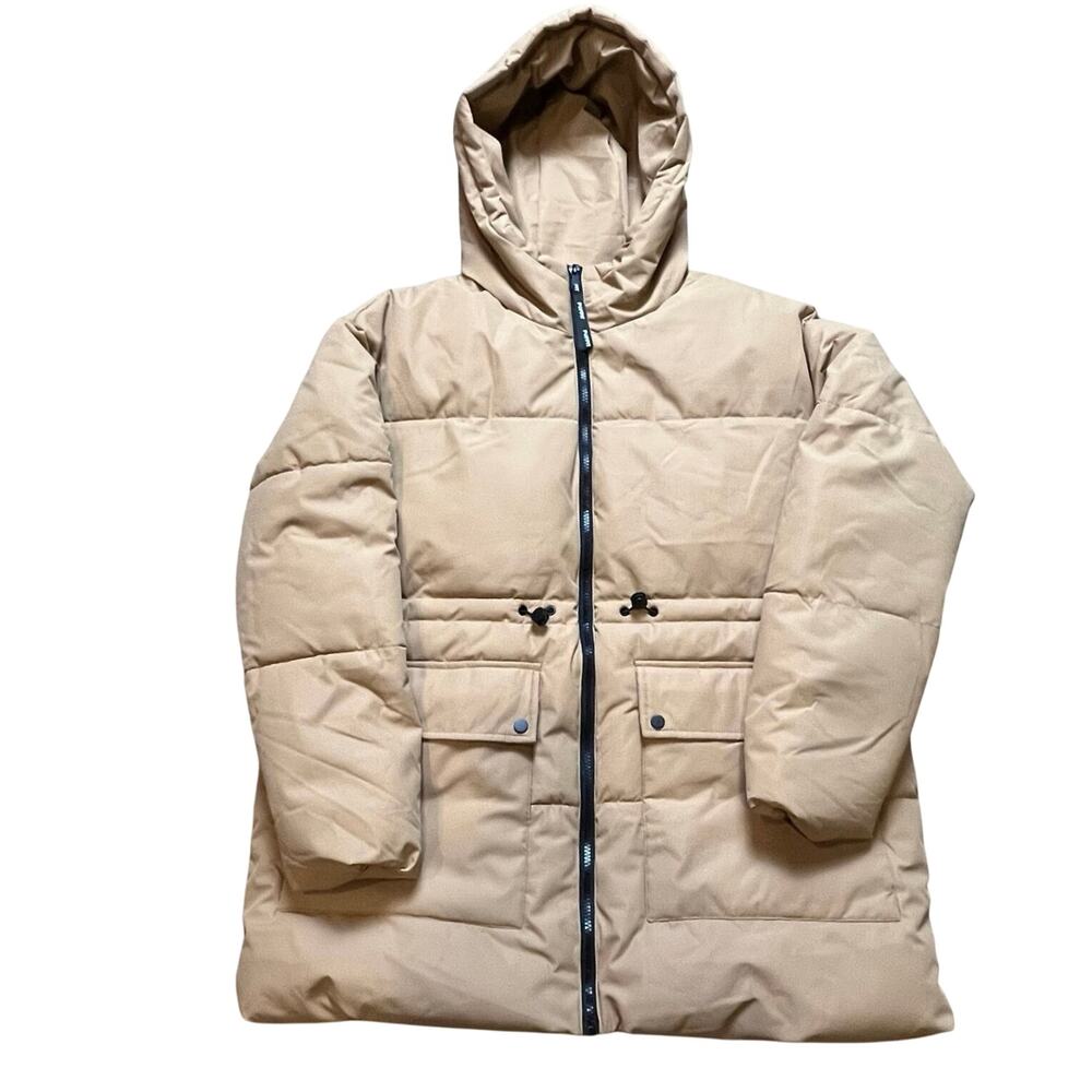 PUFFIT WarmCore Cinched Long Puffer Jacket Hooded Beige Tan Coat Women's S